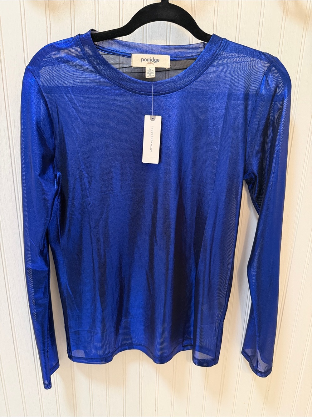 Anthropologie Porridge Long-Sleeve Sheer Crewneck Top — Royal Blue medium